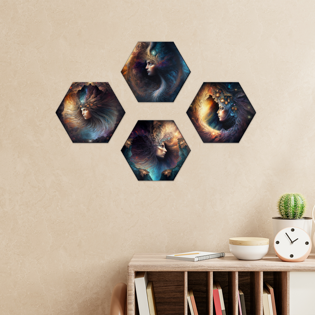 Celestial Goddesses Hexagon Wall Tiles Set of 4